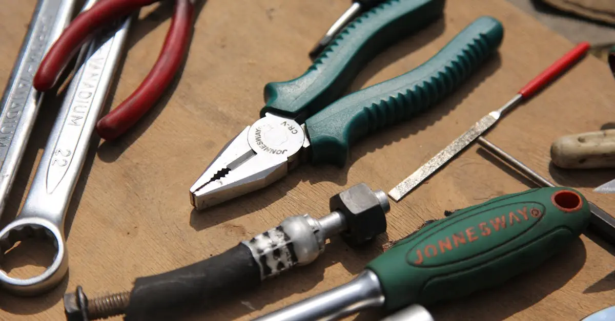 Close-up of assorted hand tools on a wooden surface, perfect for DIY projects.